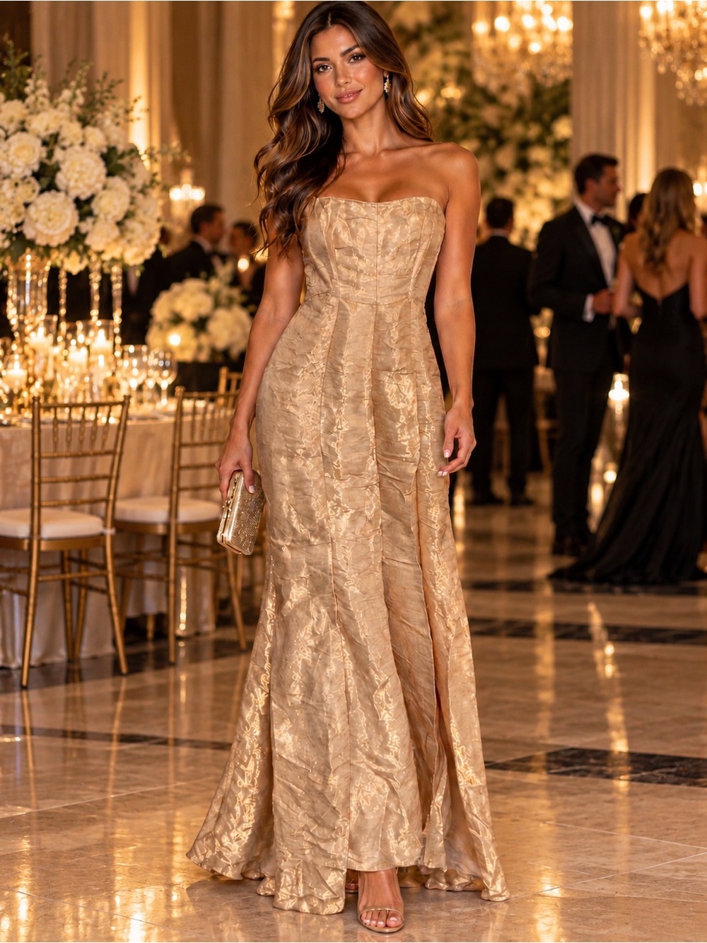 Adrianna Papell Boutique Champagne Gold Metallic Formal Gown Size 4